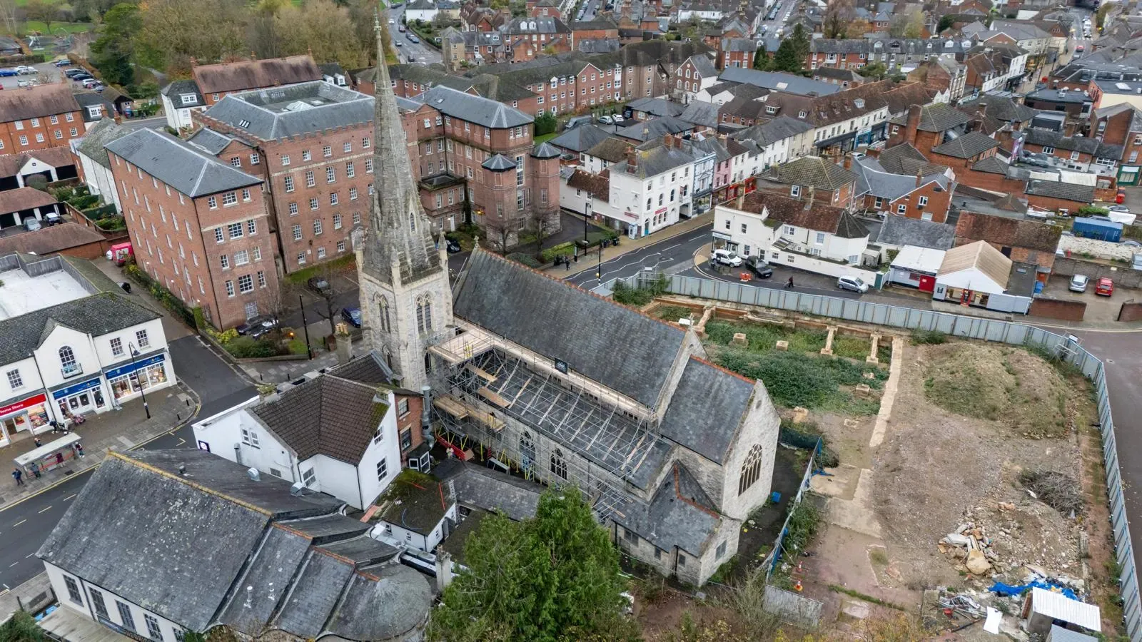 Drone roof survey over a Dorset commercial roof and scaffolded site