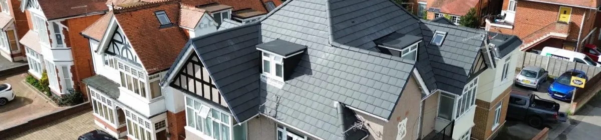 Drone roof survey over a Dorset tiled roof by Up Top Roofing