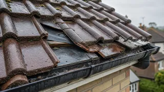 Leaking tiled roof with slipped and damaged tiles after rain