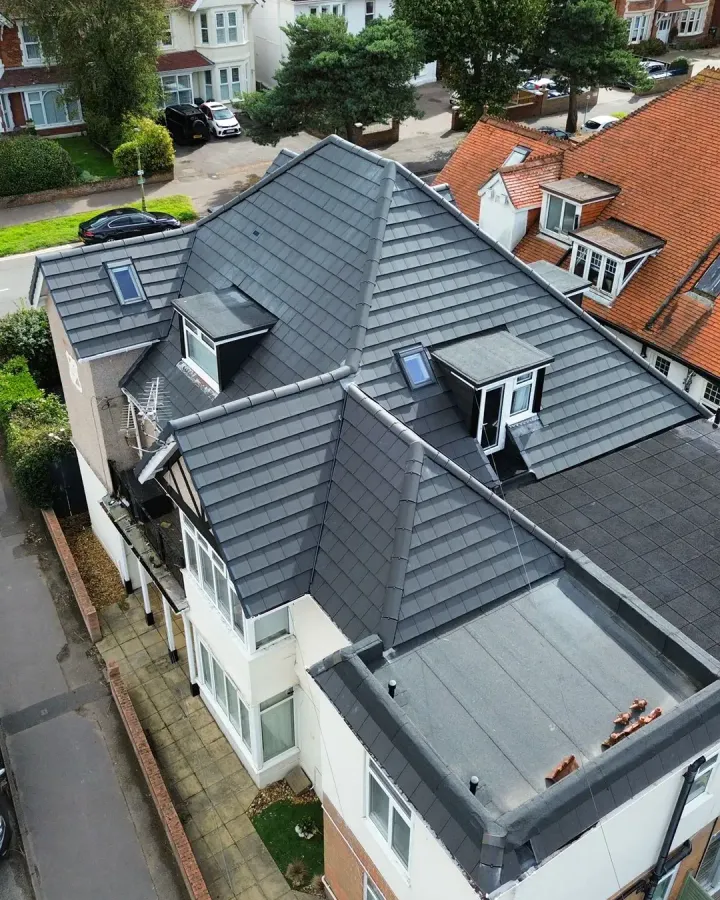 Completed new roof installation on a Southbourne home viewed from above