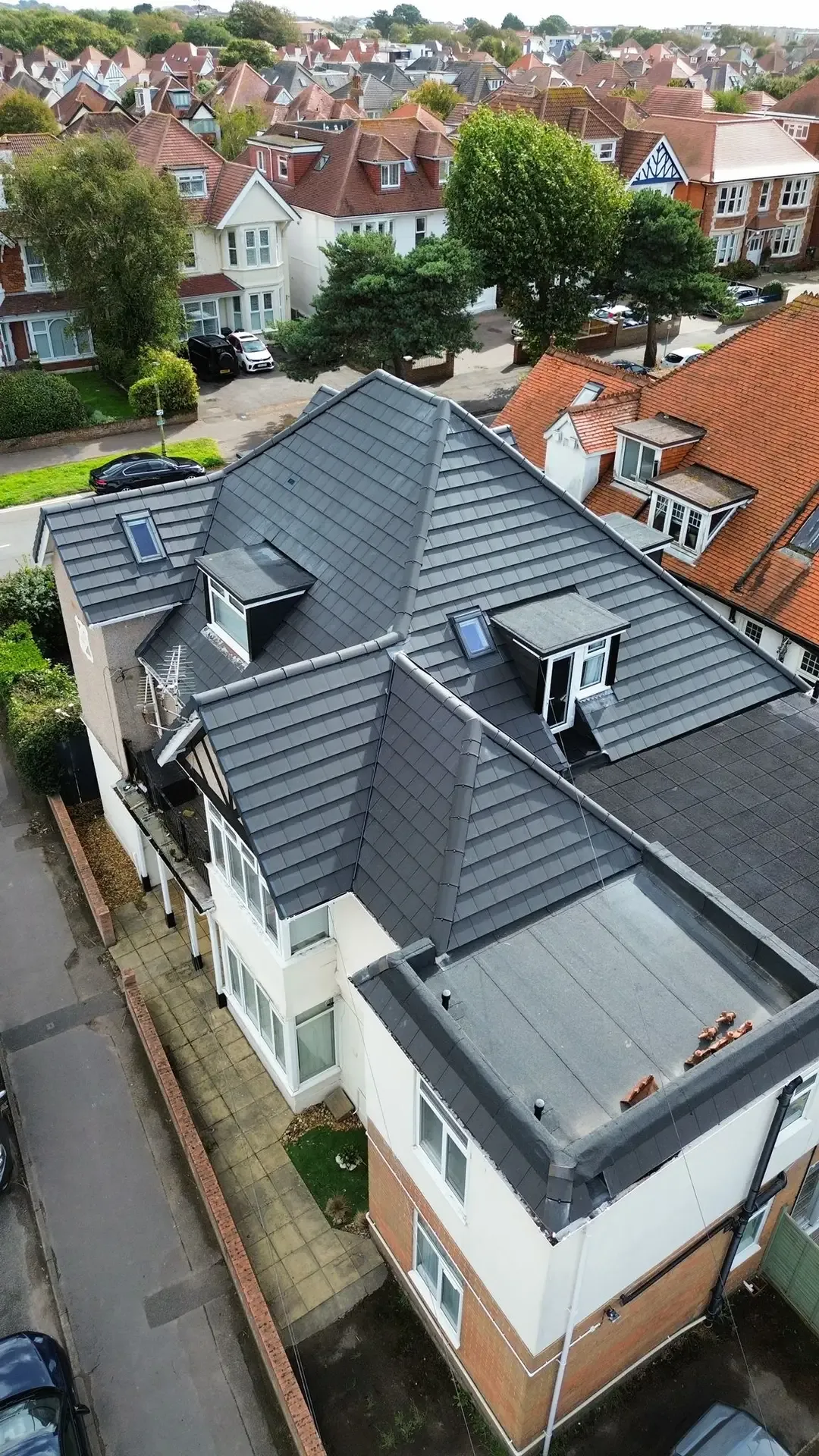 Completed new roof installation on a Southbourne home viewed from above