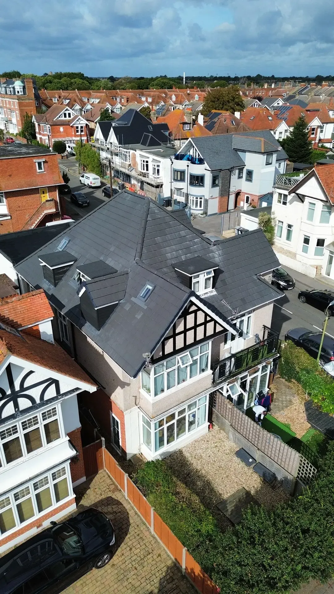 Top-down drone view showing the completed Southbourne roof installation