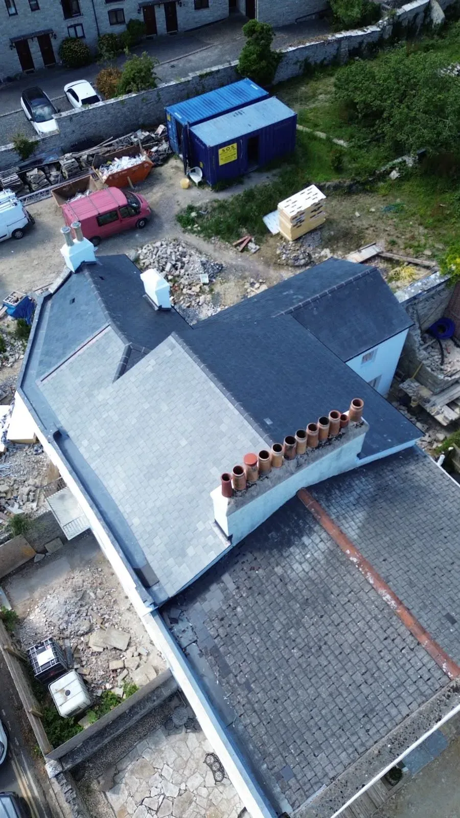 Spanish ESCO slate roof and chimney details viewed from above in Swanage