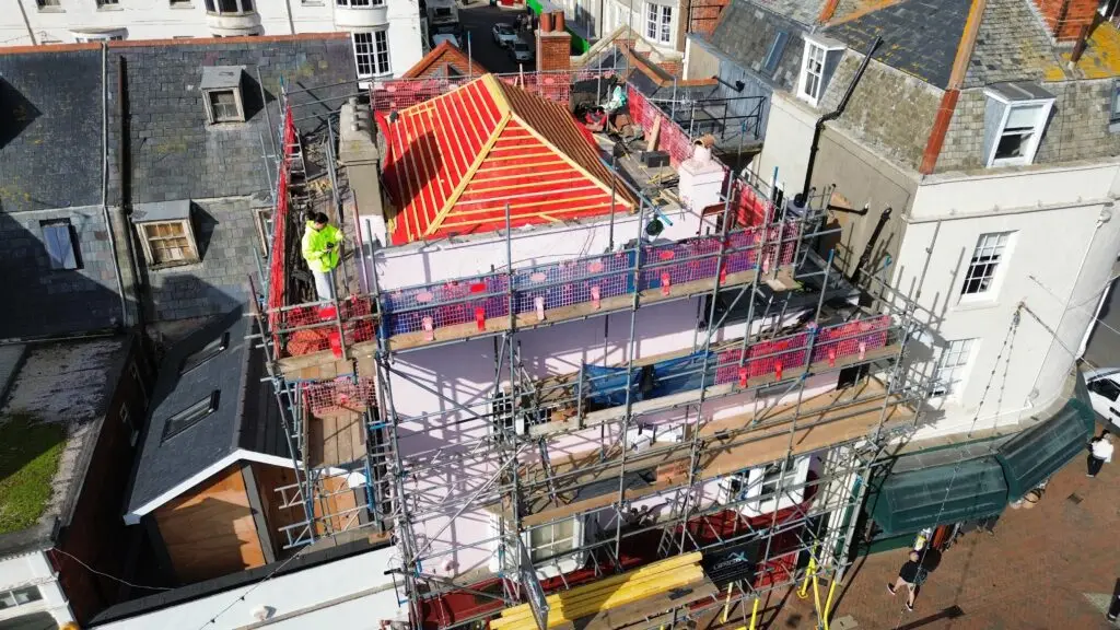 Overhead drone shot of Spanish Mocha natural slate roof replacement in Weymouth