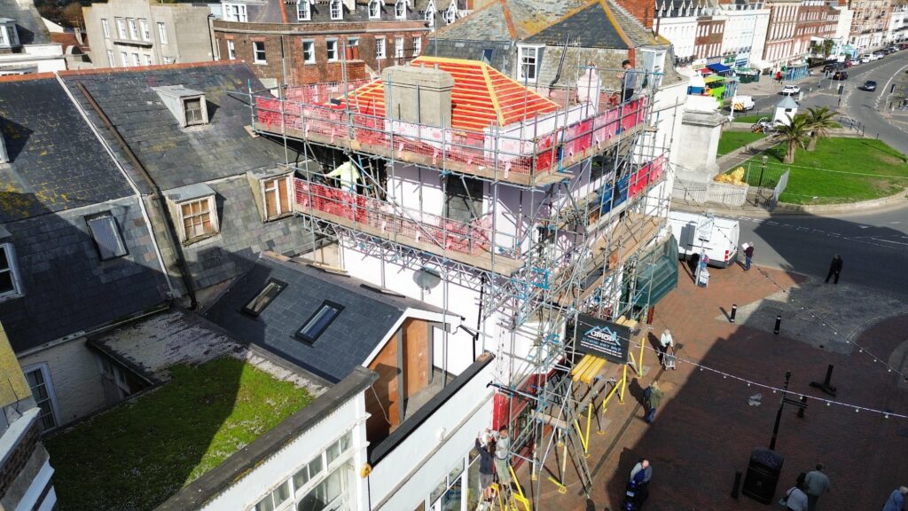 High level view of the Weymouth roof structure and scaffolding system