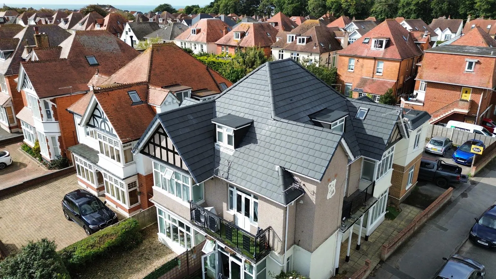 Aerial view of completed roof project